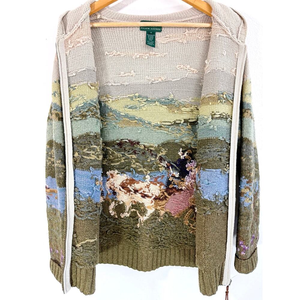 Lauren Ralph Lauren  Hand Knit Lambswool Hoodie Sweater Equestrian Horse Scenic - Picture 9 of 15